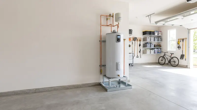 Electric tank water heater installed in a garage with a drain pan, stand, and expansion tank